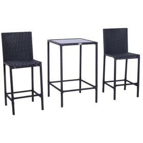 Outsunny Wicker Bar Set, 3-Piece Outdoor Counter Height with Glass Top Table & Stools, All-Weather - Black
